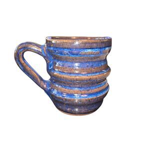 Signed Vintage 1994 Large Handmade Blue & Brown Glazed Ribbed‎ Coffee Cup Mug